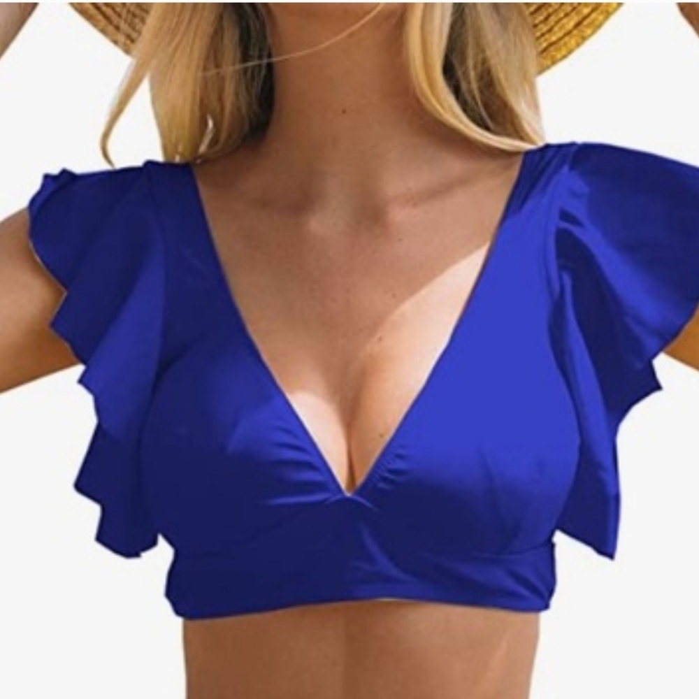 Ruffled V-Neck Bikini Top — Cobalt Blue Size M Resortwear Flatterring Feminine